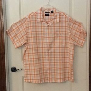 Men’s square-tailed orange and white dress shirt